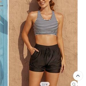 Black Striped Scoop Neck Timeless Bikini Top With Boy Short Set